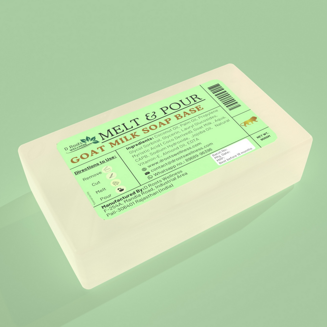 A rectangular block of Goat Milk Melt & Pour Soap Base with product information printed on it, set against a light green background.