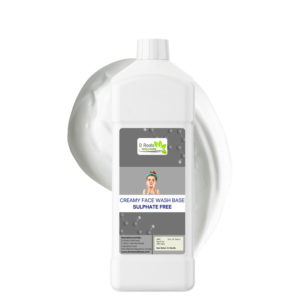 White bottle of creamy face wash base with a label on a white background