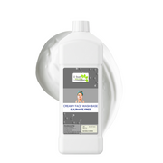 White bottle of creamy face wash base with a label on a white background
