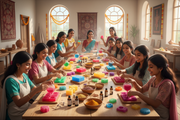 Indian girls community making melt and pour soaps in a hall with happy faces