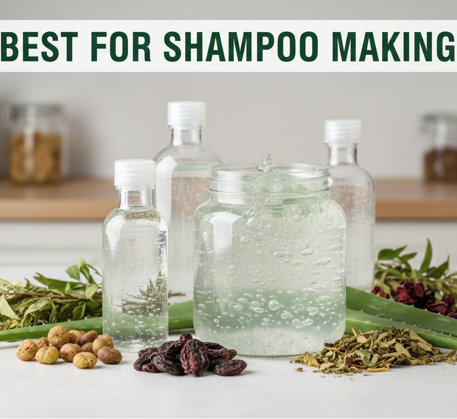 Bottles of shampoo ingredients on a kitchen counter with text 'Best for Shampoo Making'.